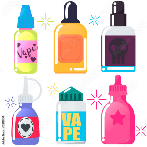 Set of six bright vape juice. Vector flat illustration