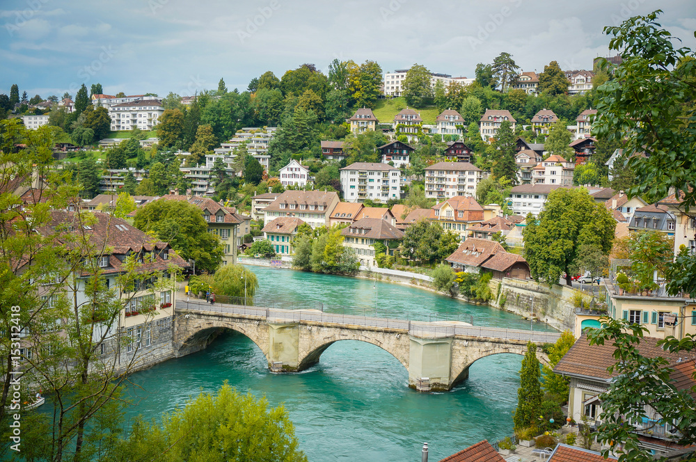The bridge cross the Aare which is the great landmark in the city of Bern, Switzerland.