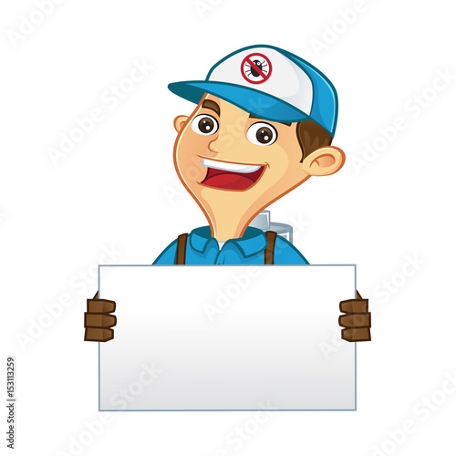 Exterminator holding blank sign