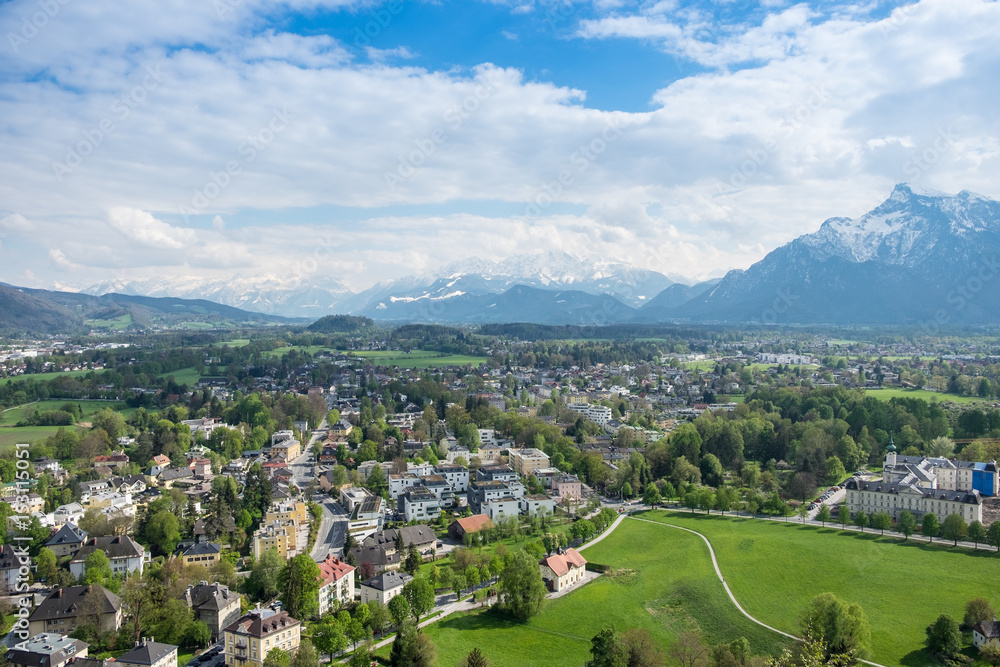 Aerial View village in Salzburg city background mountain Alps