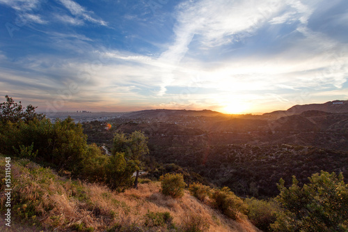 Los Angeles  view from Griffith Park at the Hollywood hills at sunset  southern California  United States of America