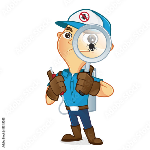 Exterminator holding magnifying glass