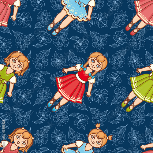 Little Ballerina and Flower. Cartoon style. Seamless pattern. Baby Doll. 