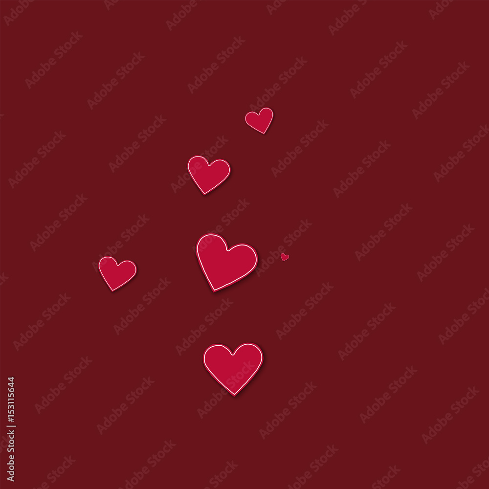 Cutout red paper hearts. Small double circle on wine red background. Vector illustration.