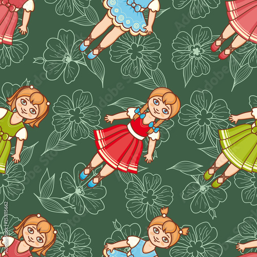 Little Ballerina and Flower. Cartoon style. Seamless pattern. Baby Doll. 