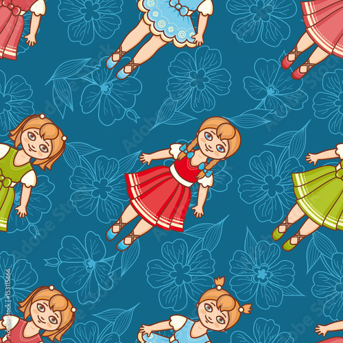 Little Ballerina and Flower. Cartoon style. Seamless pattern. Baby Doll. 