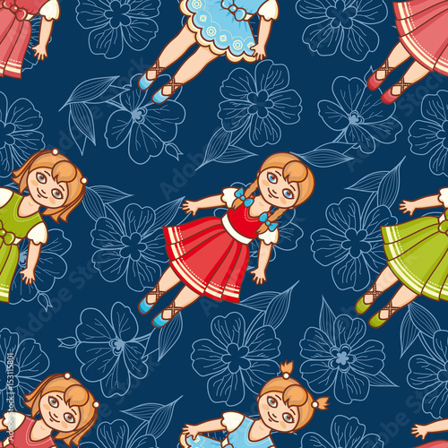 Little Ballerina and Flower. Cartoon style. Seamless pattern. Baby Doll. 