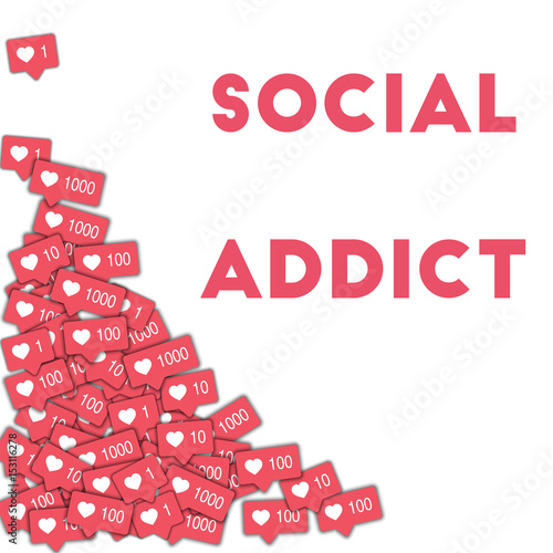 Social addict. Social media icons in abstract shape background with pink counter. Social addict concept in mesmeric vector illustration.