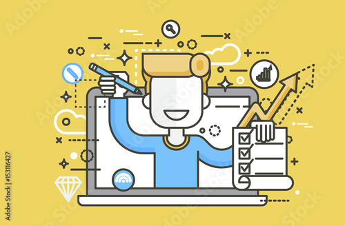 Vector illustration man in laptop notebook offers fill in application form design element education, subscription email marketing newsletter online management line art