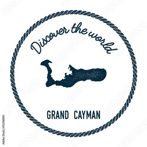 Grand Cayman map in vintage discover the world insignia. Hipster style nautical postage stamp, with round rope border. Vector illustration.