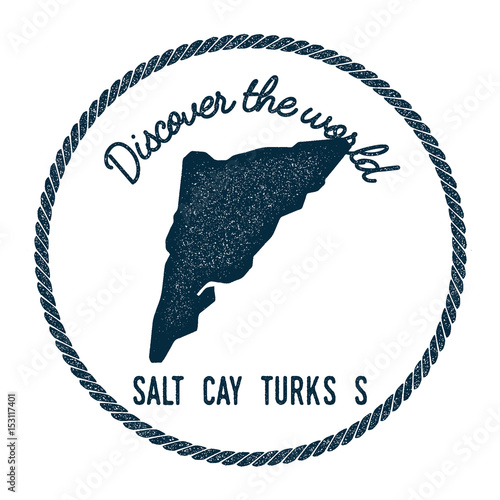 Salt Cay, Turks Islands map in vintage discover the world insignia. Hipster style nautical postage stamp, with round rope border. Vector illustration.