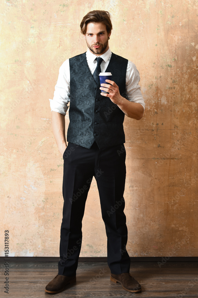 young man or office worker drink coffee from cup young man or office worker drink coffee from cup