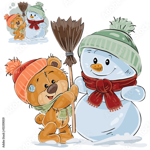Vector illustration of a brown teddy bear makes a snowman. Print, template, design element