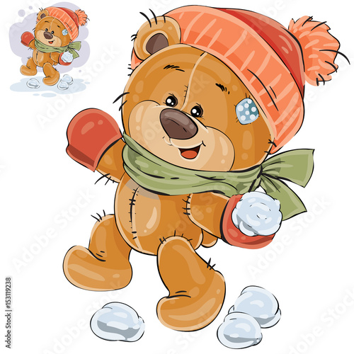 Vector illustration of a brown teddy bear throws a snowball. Print, template, design element