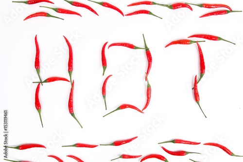 Word HOT by red chili pepper on white backgroun
