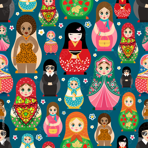 Traditional Russian doll Matryoshka toy nesting vector illustration with human girl cute face seamless pattern background