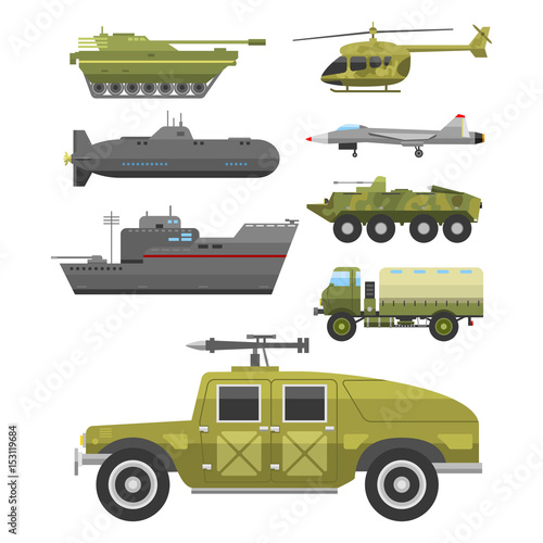 Military technic army war transport fighting industry technic armor defense vector collection