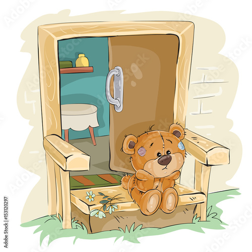 Vector illustration of a brown teddy bear sad sitting on the porch and waiting. Print, template, design element