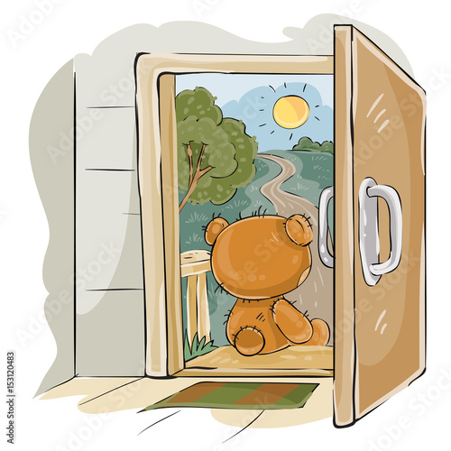Vector illustration of a brown teddy bear sad sitting on the porch, looking at the road and waiting for someone. Print, template, design element