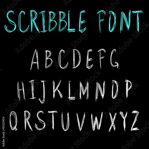 Scribble font. VECTOR light blue and white letters on black.
