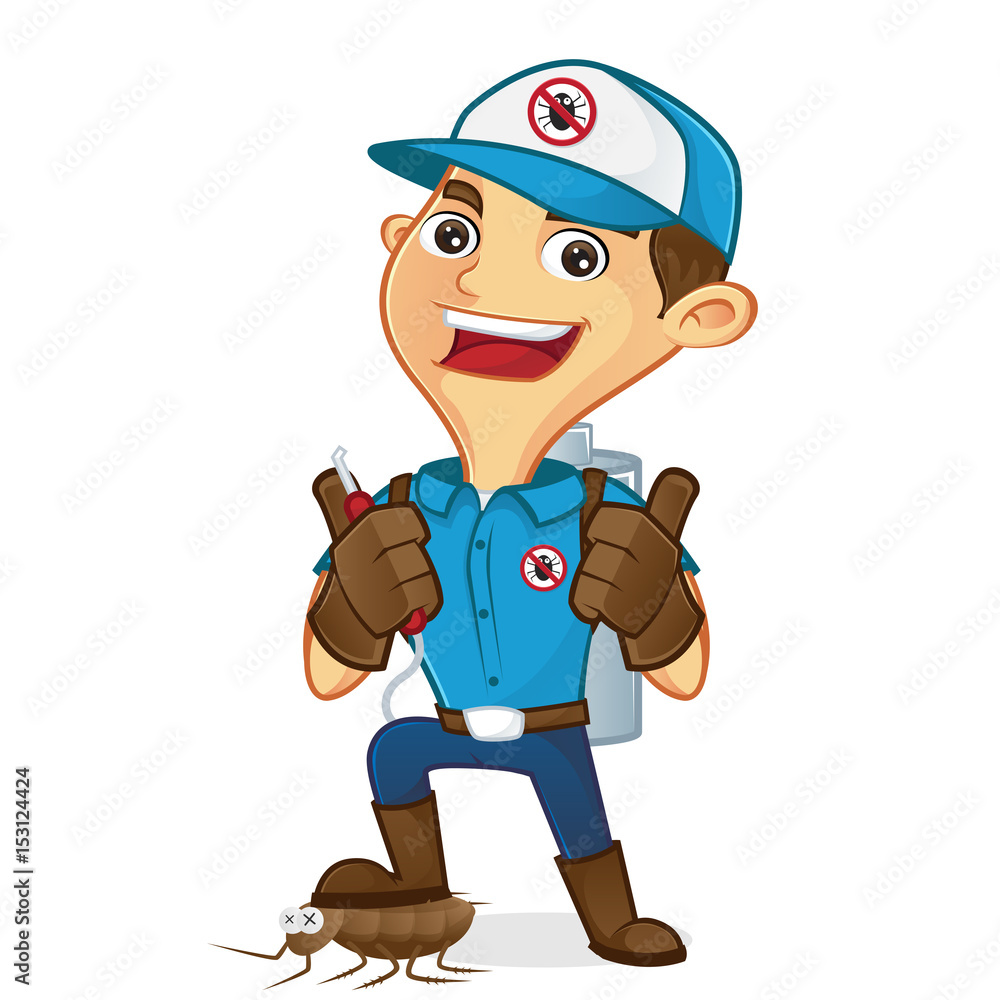 Exterminator killing bug and holding pest sprayer Exterminator killing bug and holding pest sprayer