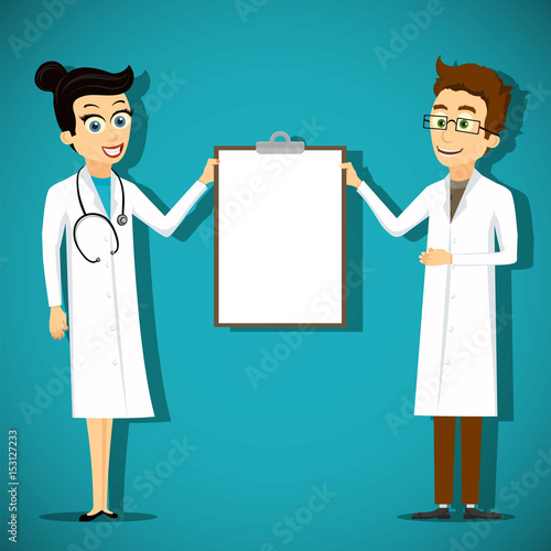 Two doctors holding blank clipboard