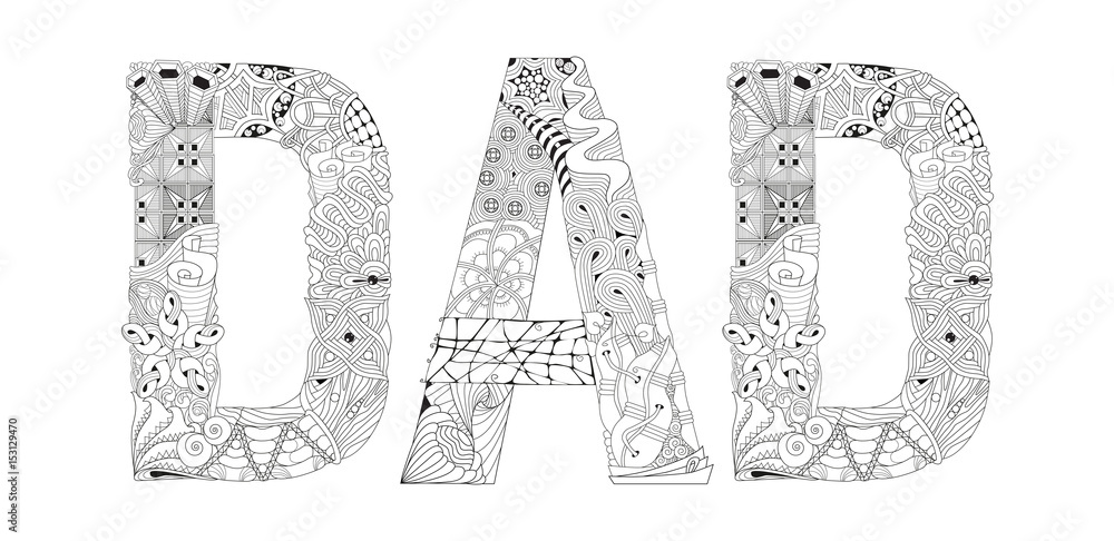Word DAD for coloring. Vector decorative zentangle object