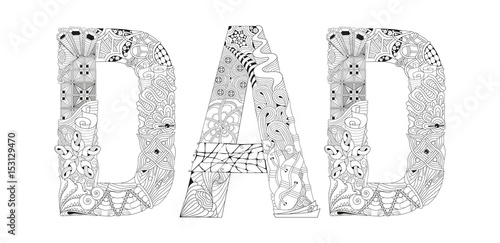 Word DAD for coloring. Vector decorative zentangle object