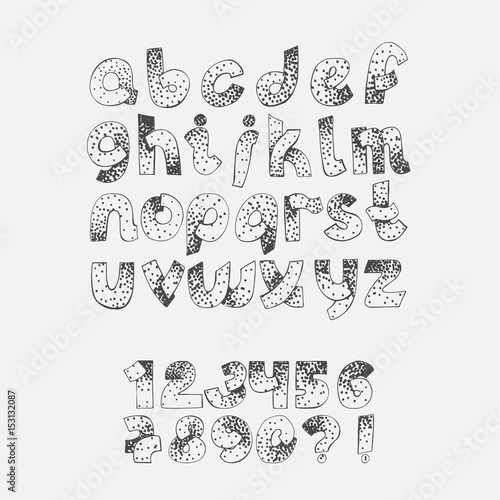 Vector set dotted alphabet from A to Z and numbers sequence fron 1 to 9. Hand drawn educative collection hand written with ink line and dots in black and white. Lowercase set good for titles, quotes.