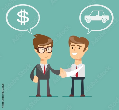 auto dealer with new owner shaking hands in auto show or salon. Man Buying a Car