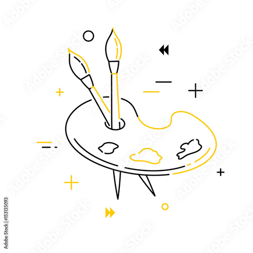 Abstract palette of the artist with brushes and paints. Linear style. Line icon of the artist and learning to draw. Vector illustration