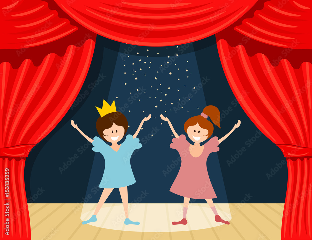 Naklejka premium Abstract children's theater. Little girls on the stage of the theater. The play in the kindergarten. Vector illustration