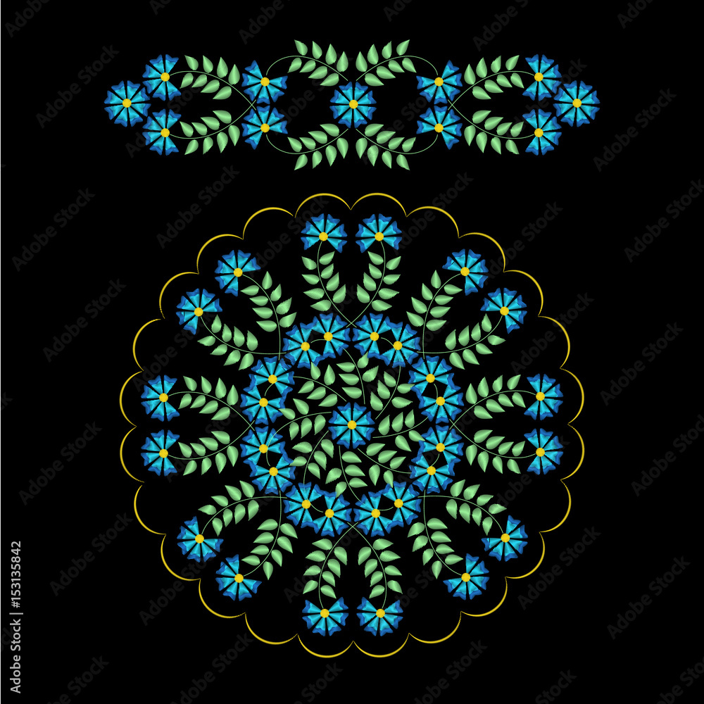 Rosette and border of wild flowers. Stylish, fashionable, bright floral arrangements for embroidery textile products Rosette and border of wild flowers. Stylish, fashionable, bright floral arrangements for embroidery textile products
