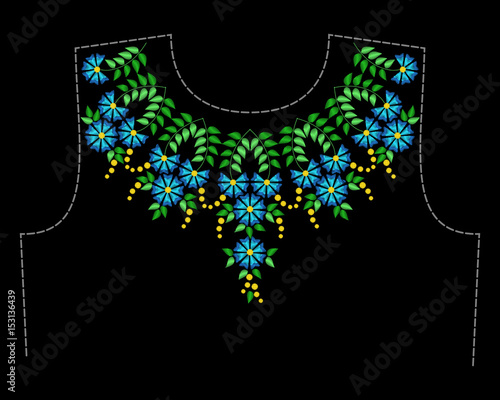 Stylish, fashionable, bright floral arrangements of summer wild flowers for embroidery textile products. A pattern for decorating the neck of clothing