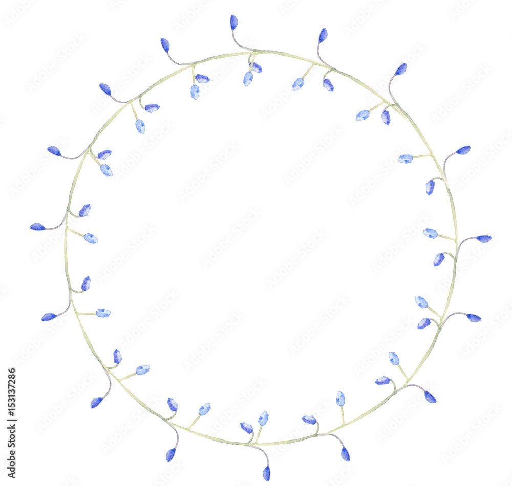Blue round frame forget me not and bindweed spring flowers in bouquet for wedding. Decorative element for greeting card, textile, paper, wallpaper, craft, package, label, logo, invitation Blue round frame forget me not and bindweed spring flowers in bouquet for wedding. Decorative element for greeting card, textile, paper, wallpaper, craft, package, label, logo, invitation