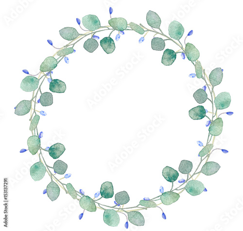 Blue circle frame forget me not and bindweed spring flowers with leaves eucalyptus in bouquet for wedding. Decorative frame element for greeting card, textile, paper, package, label, logo,tag,