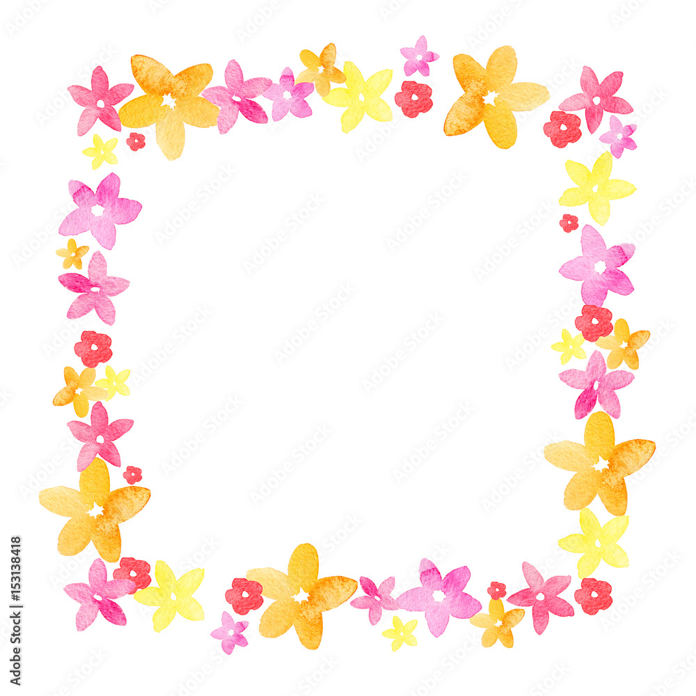 pink,orange,yellow ,red wildflower meadow and bindweed spring flowers square frame. Decorative element for greeting card, textile, paper, wallpaper, craft, package, label, logo
