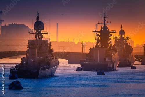 Obraz na płótnie Parade of warships. Feast of the military navy. St. Petersburg.