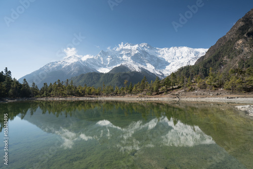 Lake in front on the Annapurna circuit,trekking in Nepal