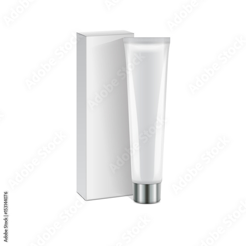 Vector plastic tube with silver cap and white box for medicine or cosmetics - cream, gel, skin care, toothpaste. Packaging mockup template