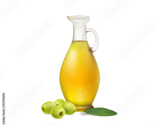 bottle of olive oil with green olives