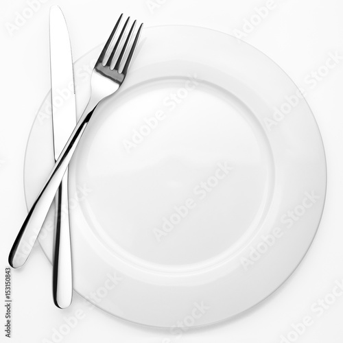 Empty plate, fork, knife, white background, isolated, top view from first person