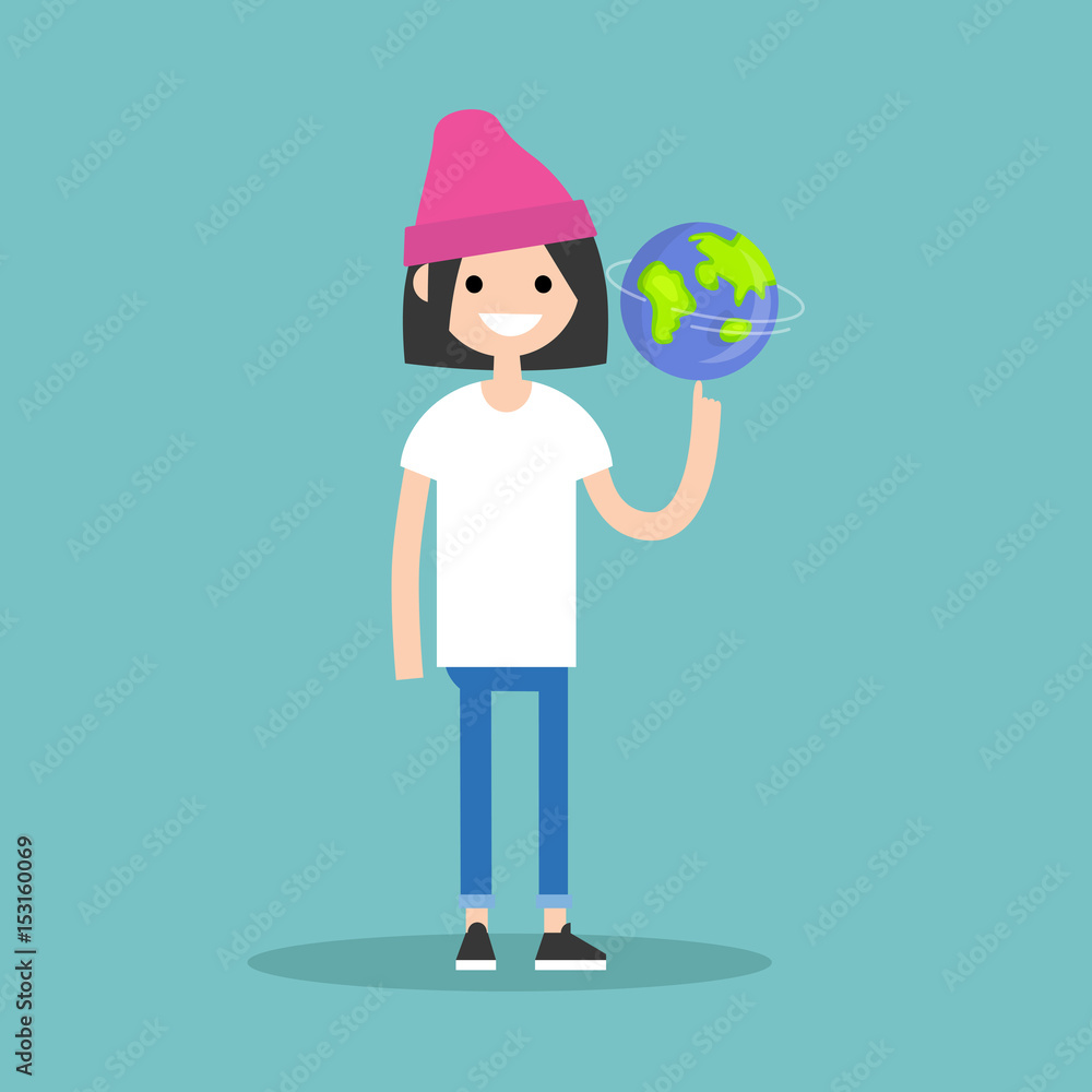 Young female character spinning the globe on finger / flat editable vector illustration, clip art