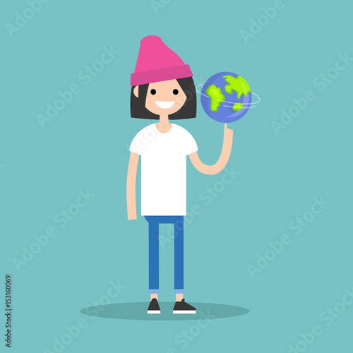 Young female character spinning the globe on finger / flat editable vector illustration, clip art
