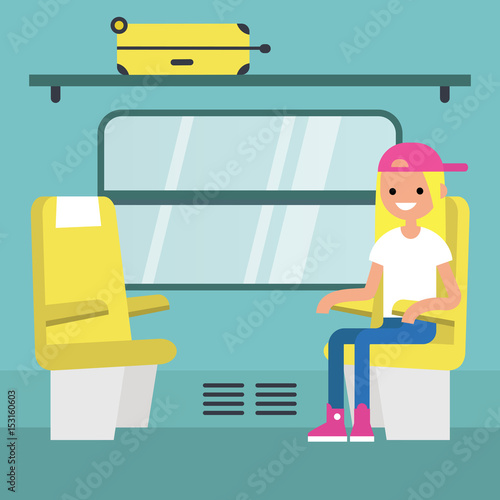 Young passenger sitting in the train compartment / editable flat vector illustration