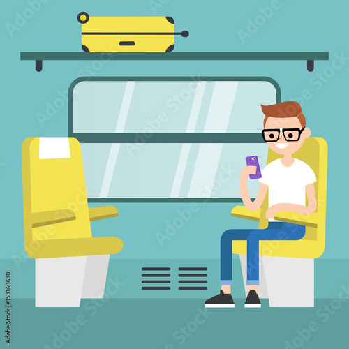 Young passenger sitting in the train compartment / editable flat vector illustration