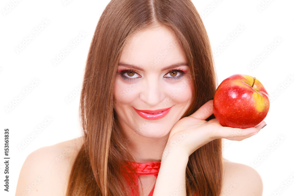 Woman charming girl colorful makeup holds apple fruit Woman charming girl colorful makeup holds apple fruit