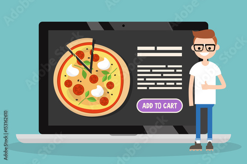 Food delivery service. Conceptual illustration. Young nerd pointing thumbs up / flat editable vector illustration