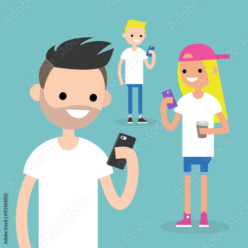 Mobile messenger concept. Social media. A group of young people with smartphones / flat editable vector illustration, clip art