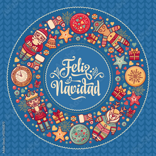 Feliz navidad. Xmas card on Spanish language. Warm wishes for happy holidays 